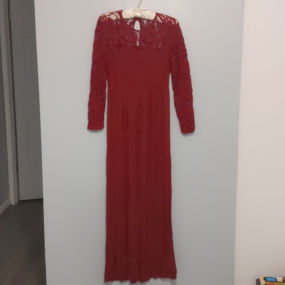 Pink Blush Red Lace Sleeve Maternity Maxi Dress
